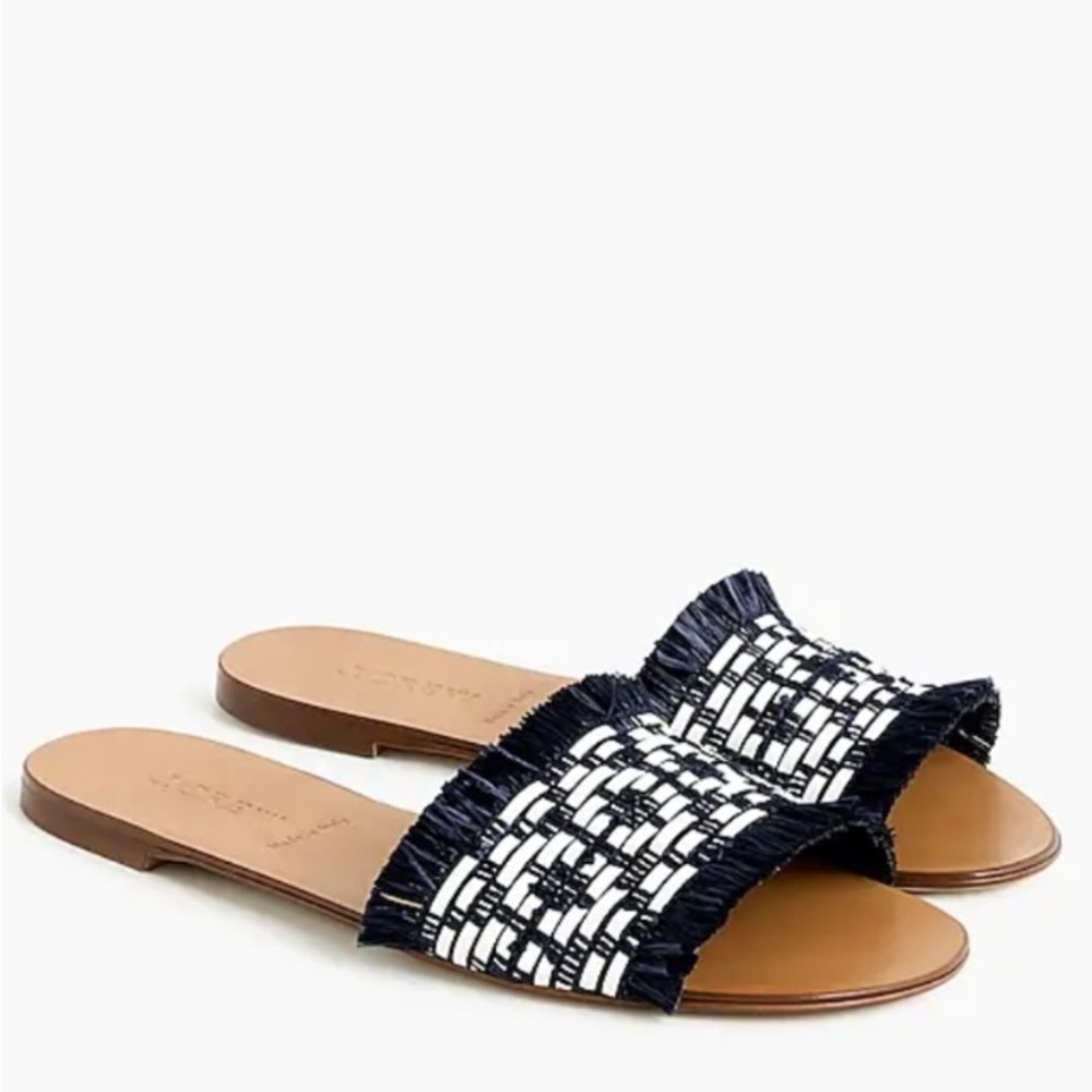 J. Crew Navy and White Raffia Slide Sandals Size 8 Made in Italy Vacation Boho